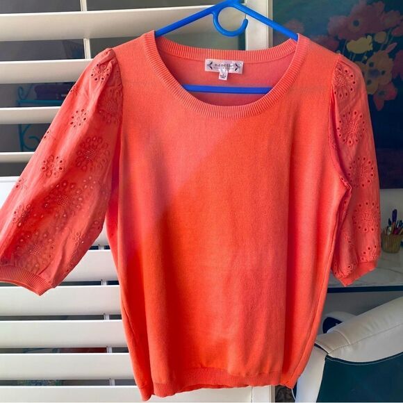 NEW NANETTE LEPORE CORAL LIGHTWEIGHT EYELET SHORT SLEEVE SWEATER S - Picture 2 of 15